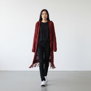 It's Our Time Womens Burgundy Boho Hippie Fringed Hooded Juniors Cardigan Size L